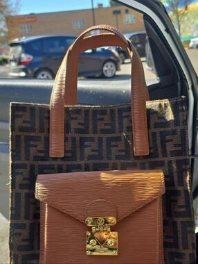 Fendi Brown Monogram Tote with Tan Leather Front Pocket and Gold Hardware